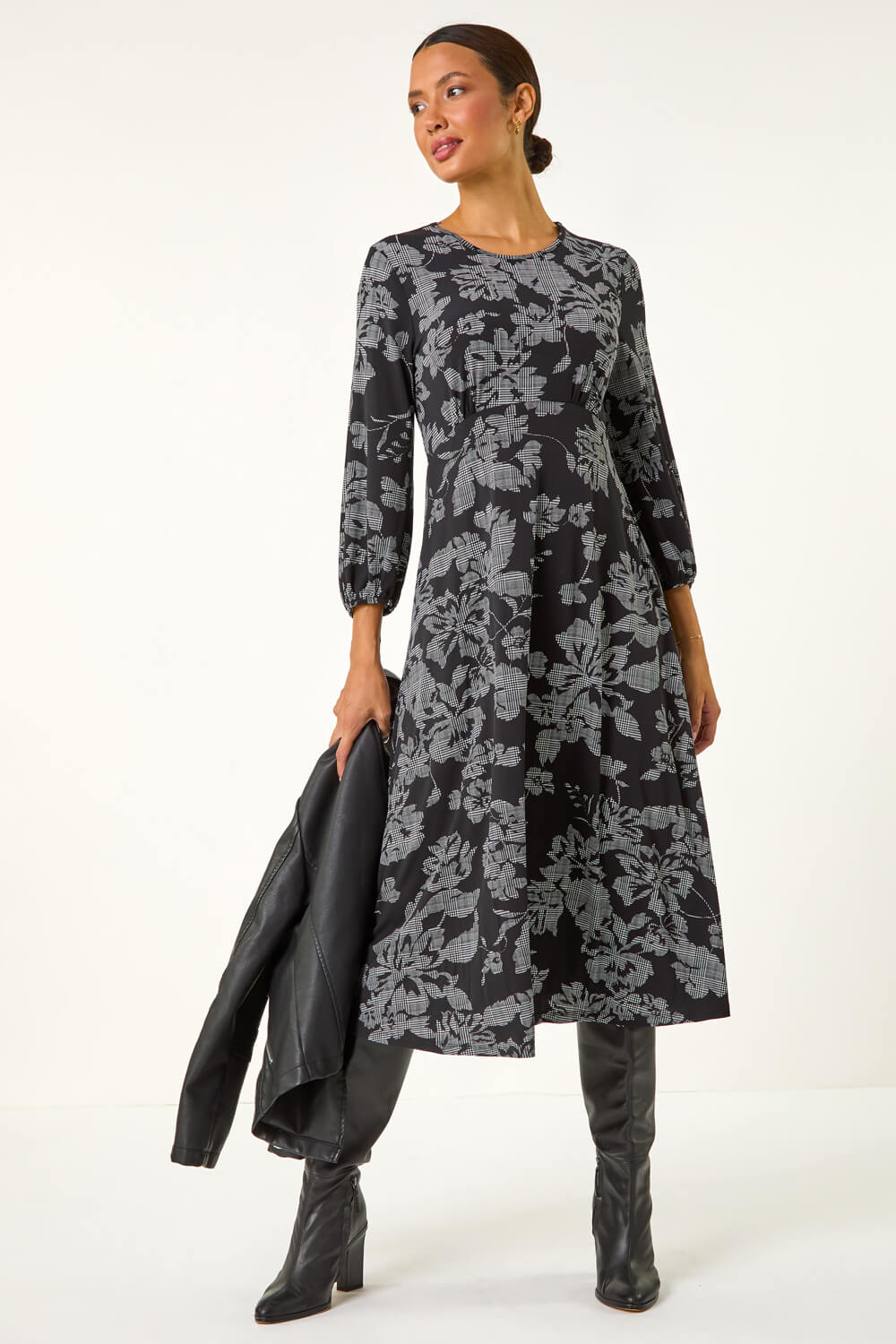 Black Floral A-Line Midi Dress