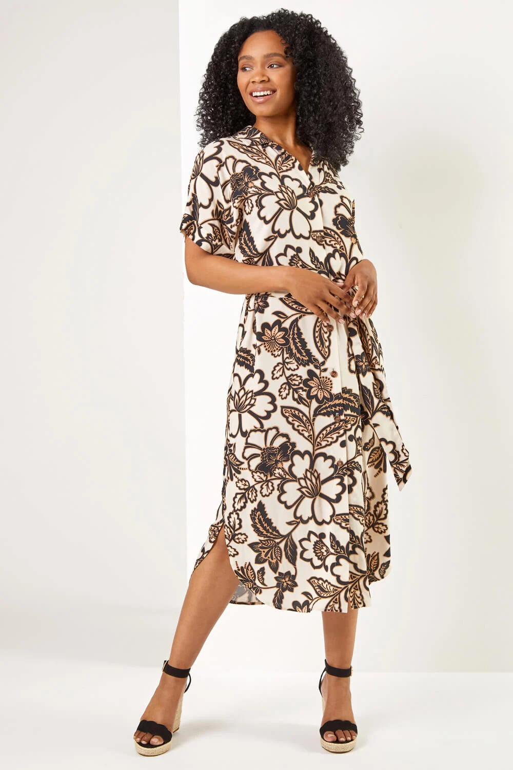 Beige Petite Floral Print Shirt Dress