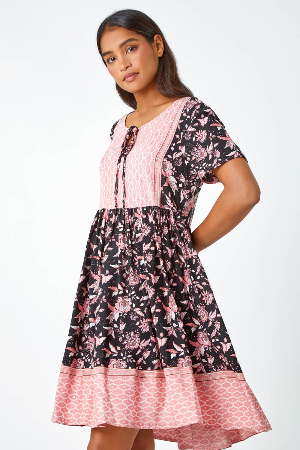 Black Floral Border Print Smock Skater Dress