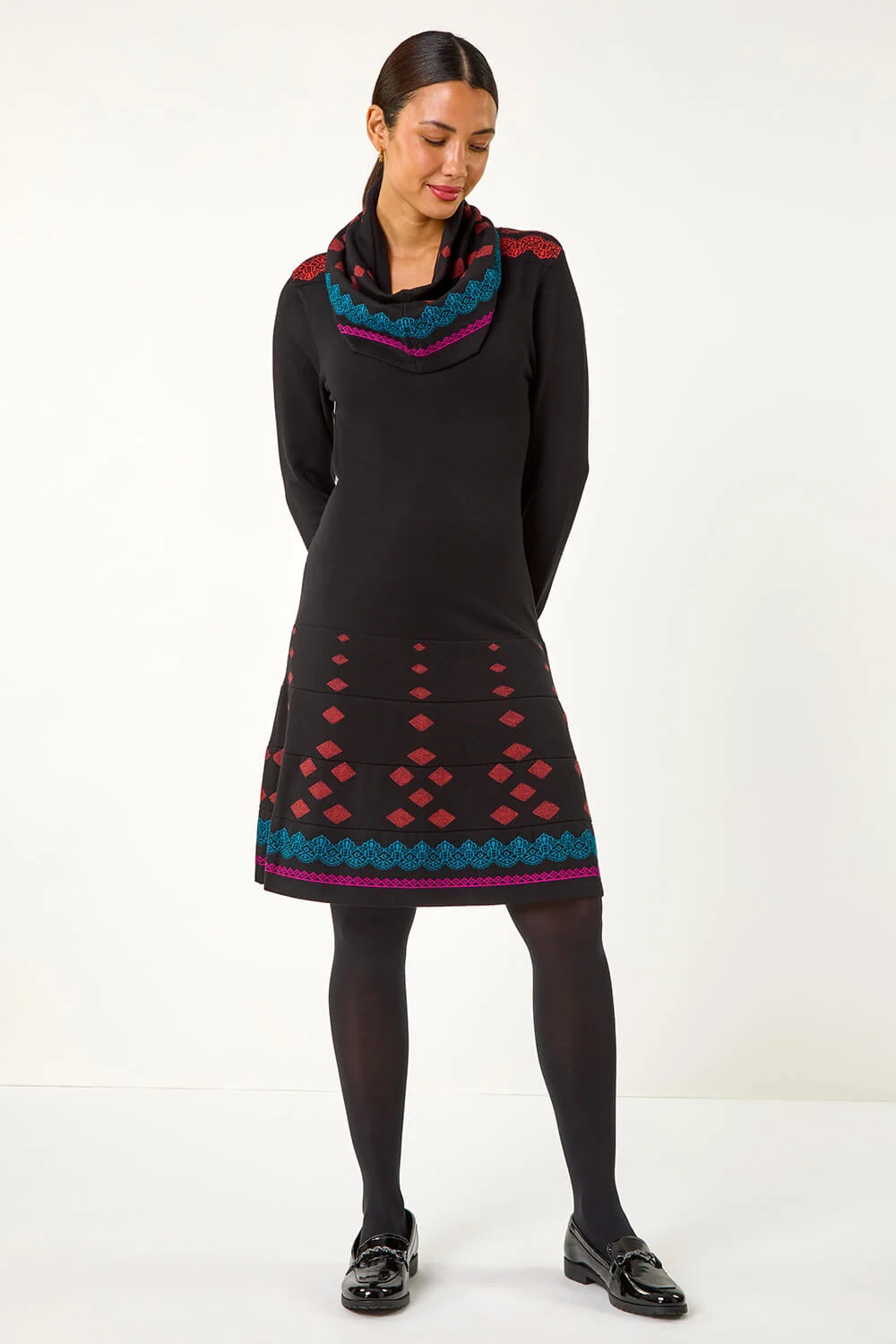 Black 2 in 1 Nordic Print Scarf Neck Knitted Dress