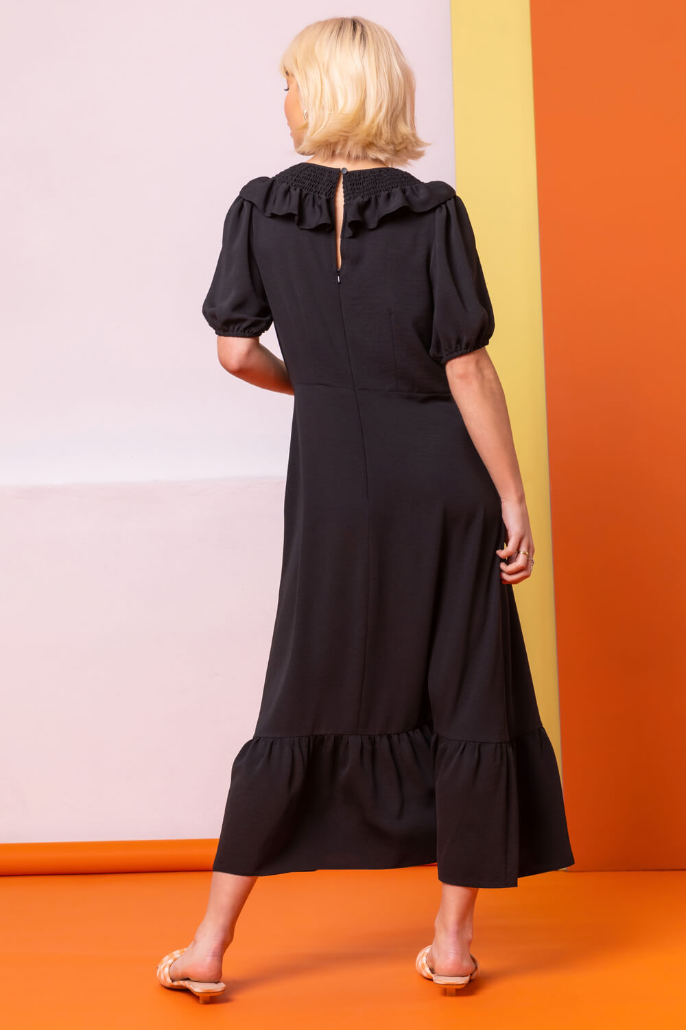 Black Frill Collar Detail Midi Dress