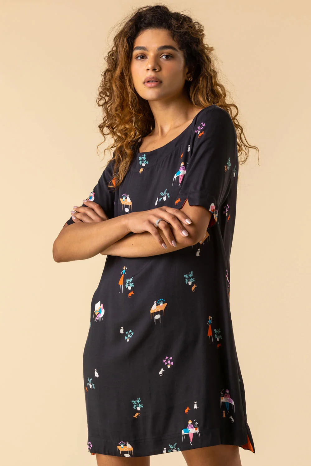 Black Conversational Cat Print Shift Dress