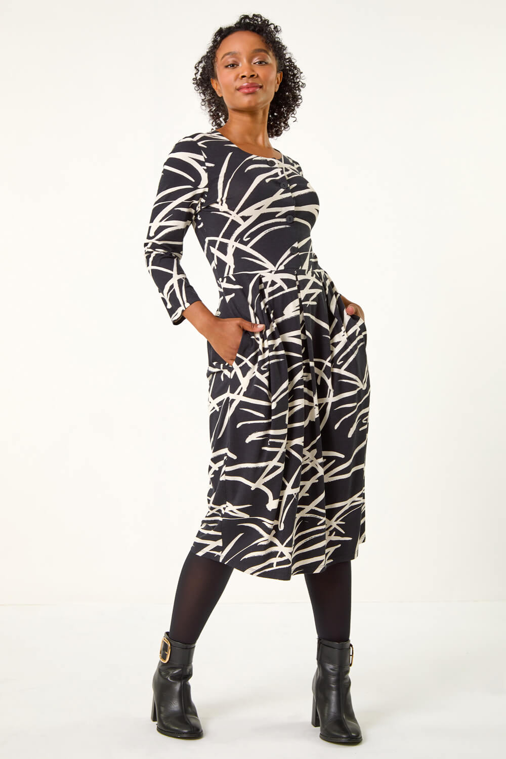 Black Petite Linear Print Button Stretch Midi Dress