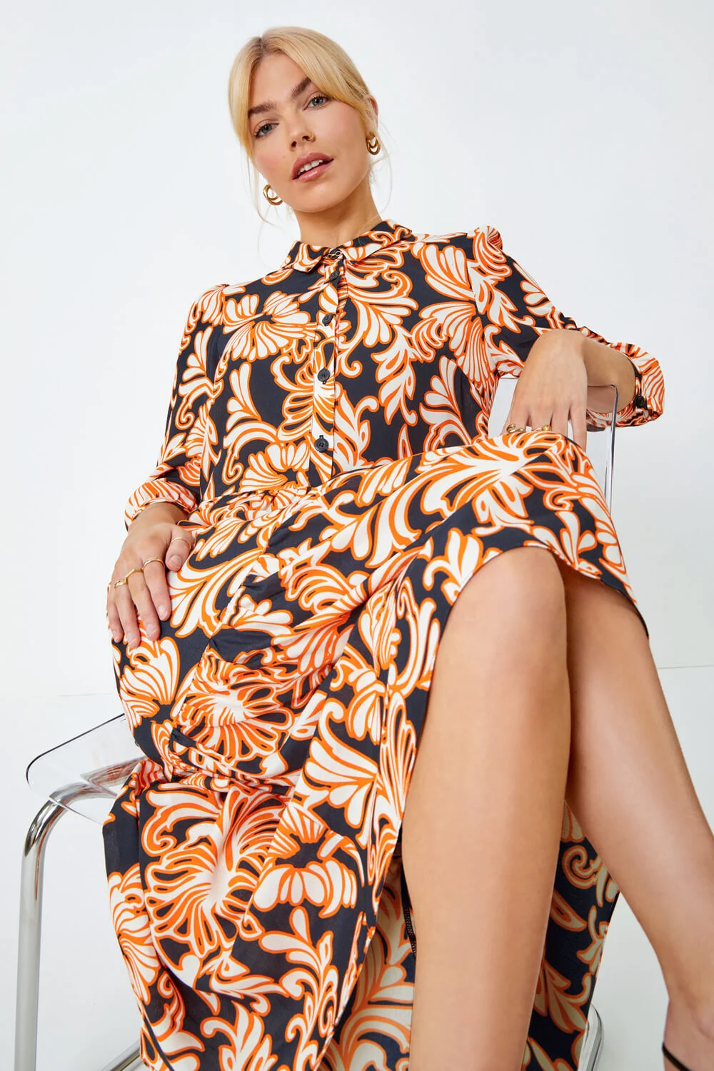 Black Dusk Floral Print Tiered Midi Shirt Dress