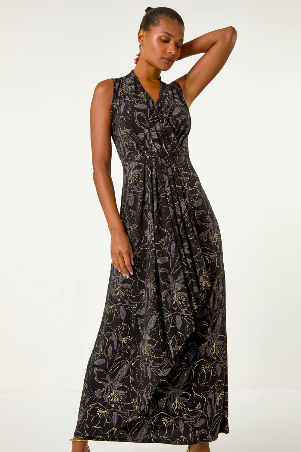 Black Glitter Floral Print Maxi Stretch Dress