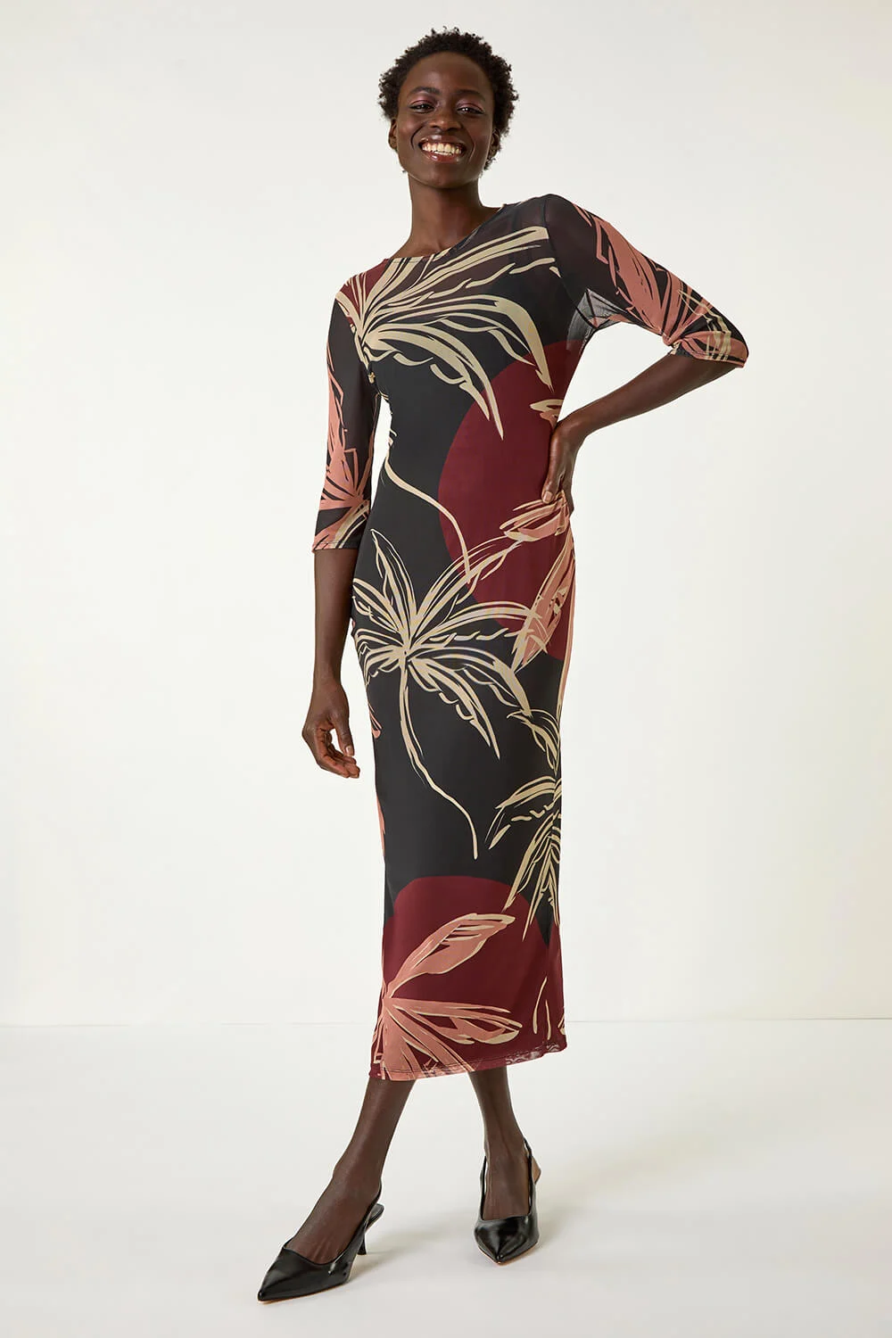 Black Palm Print Mesh Maxi Stretch Dress