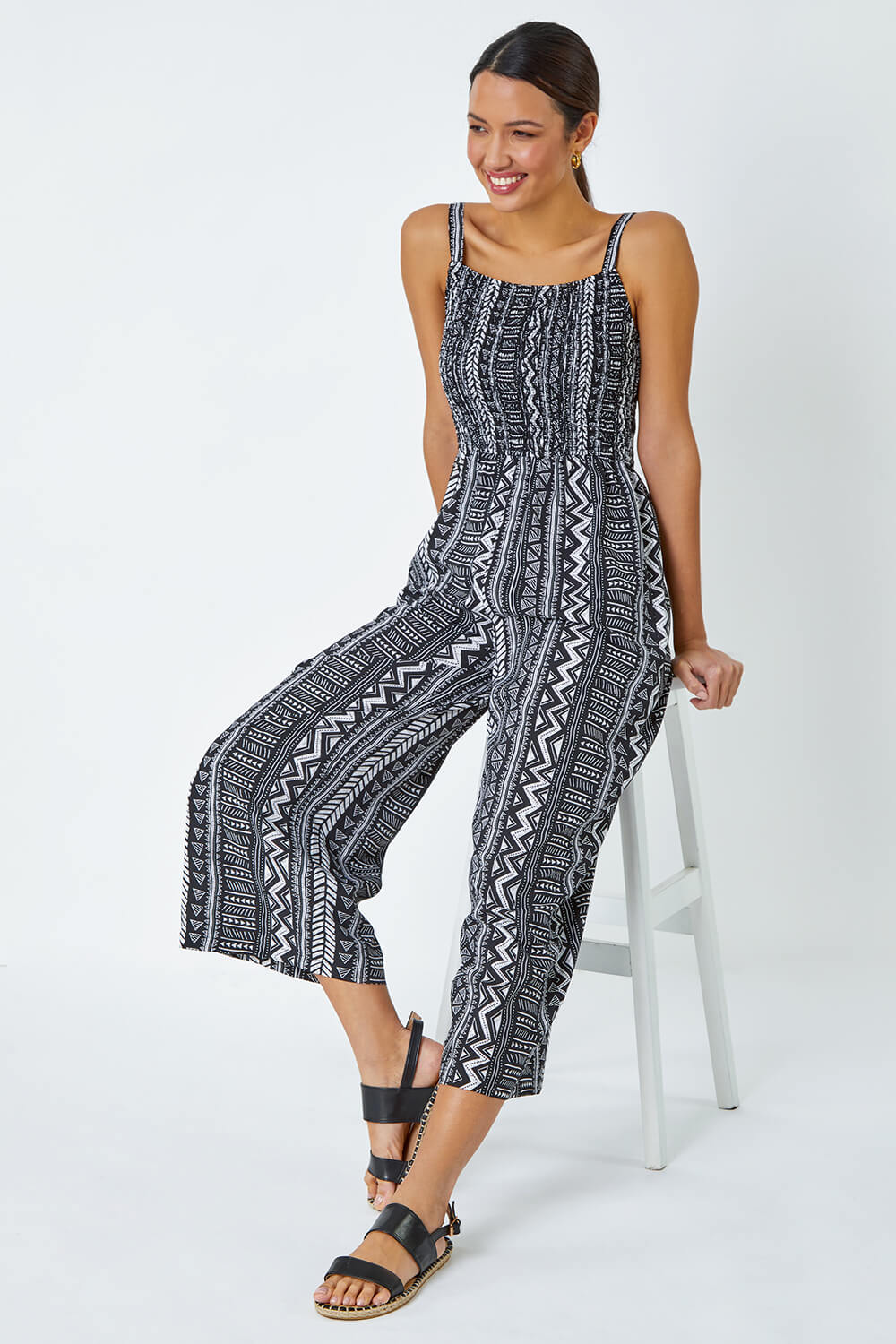Black Aztec Stripe Print Crop Stretch Jumpsuit