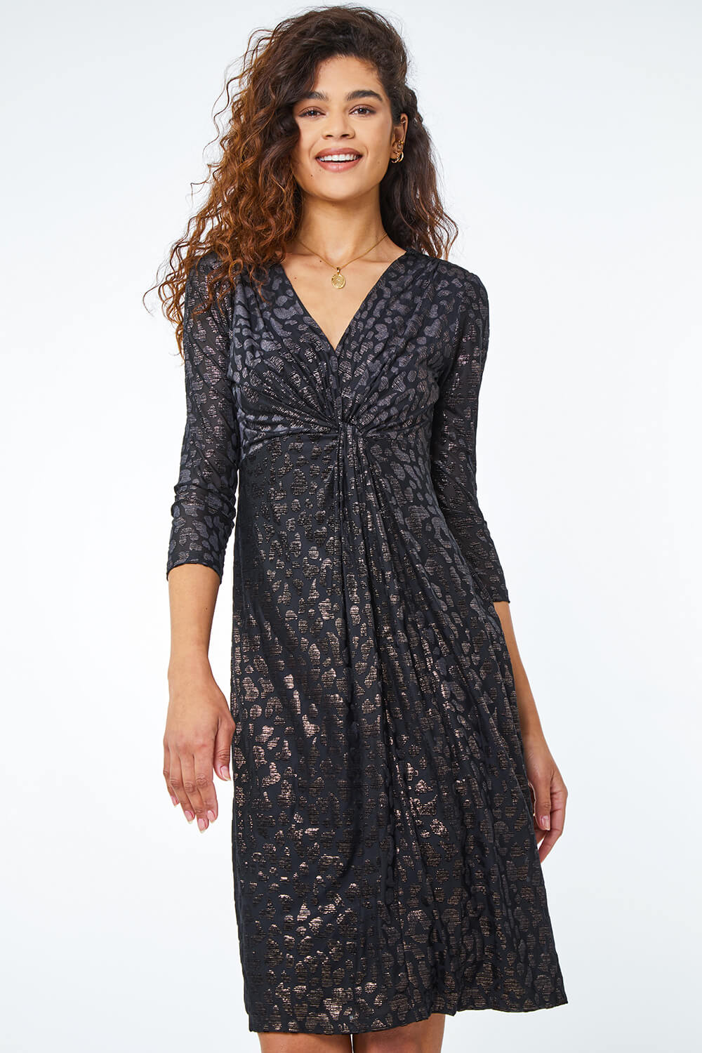 Black Leopard Print Shimmer Twist Wrap Dress