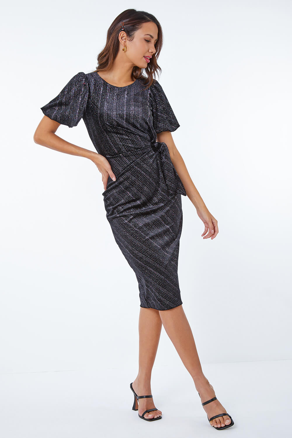 Black Glitter Velvet Puff Sleeve Ruched Midi Dress
