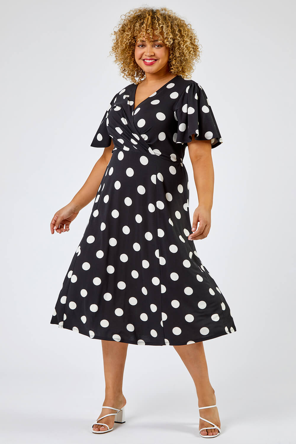 Black Curve Spot Print Midi Dress