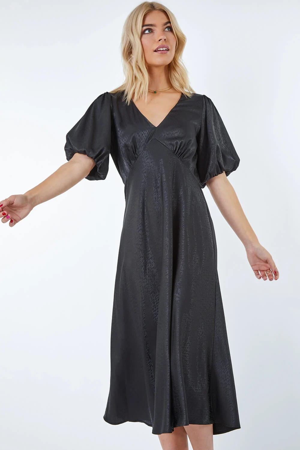 Black Dusk Puff Sleeve Satin Midi Dress