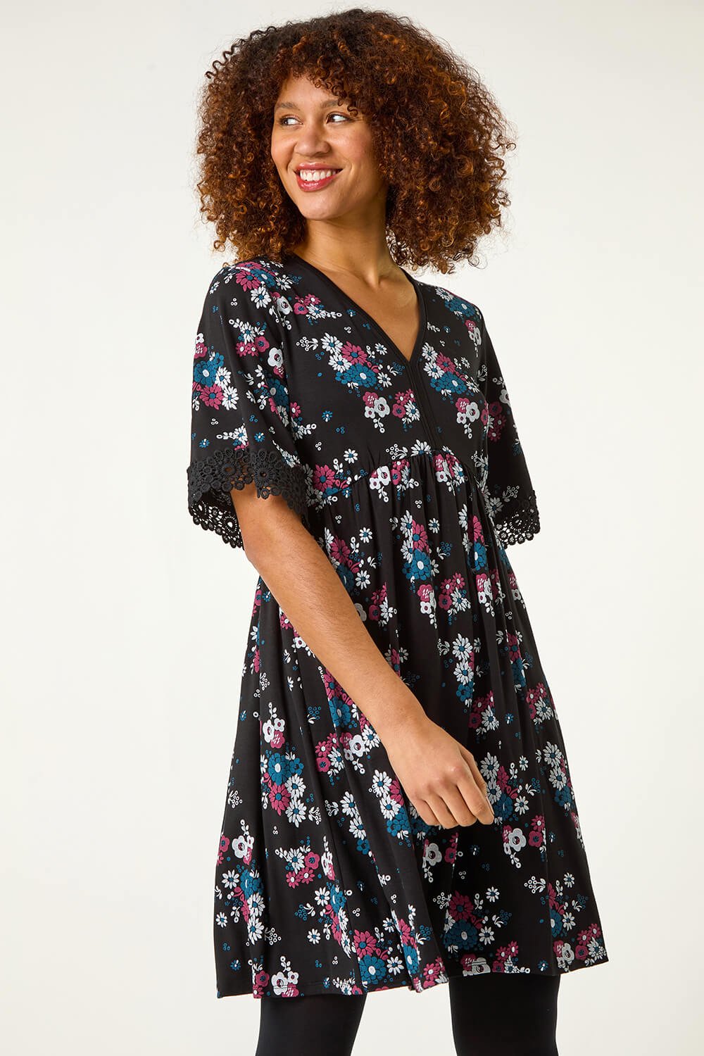 Black Lace Trim Floral Dress