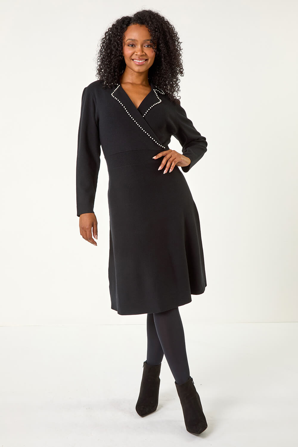 Black Petite Pearl Embellished Knit Dress