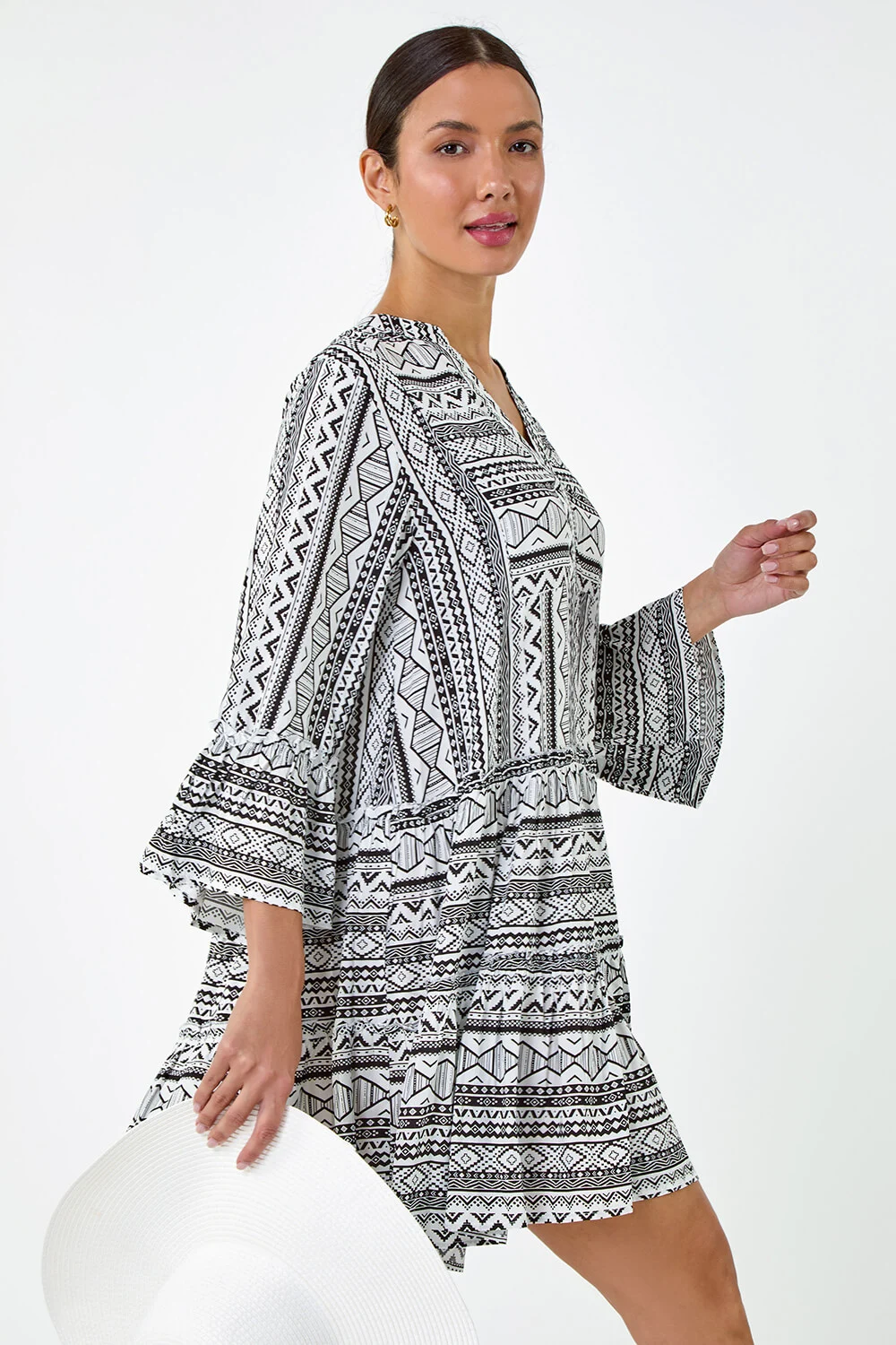 Black Aztec Print Frill Smock Dress