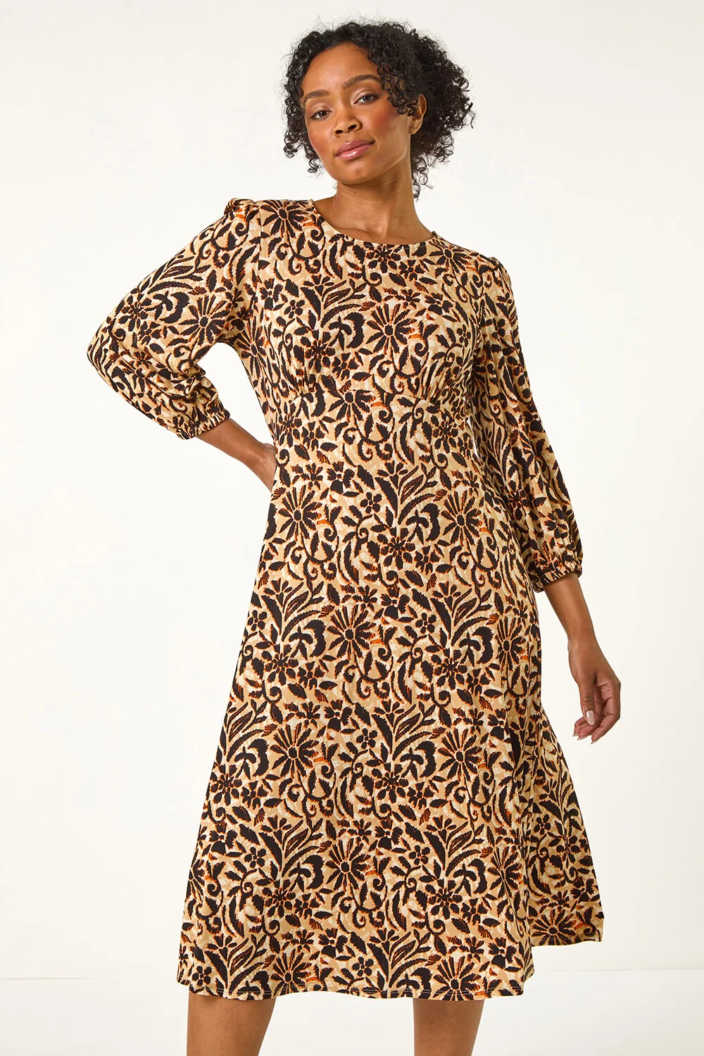 Black Petite Floral Stretch Midi Dress