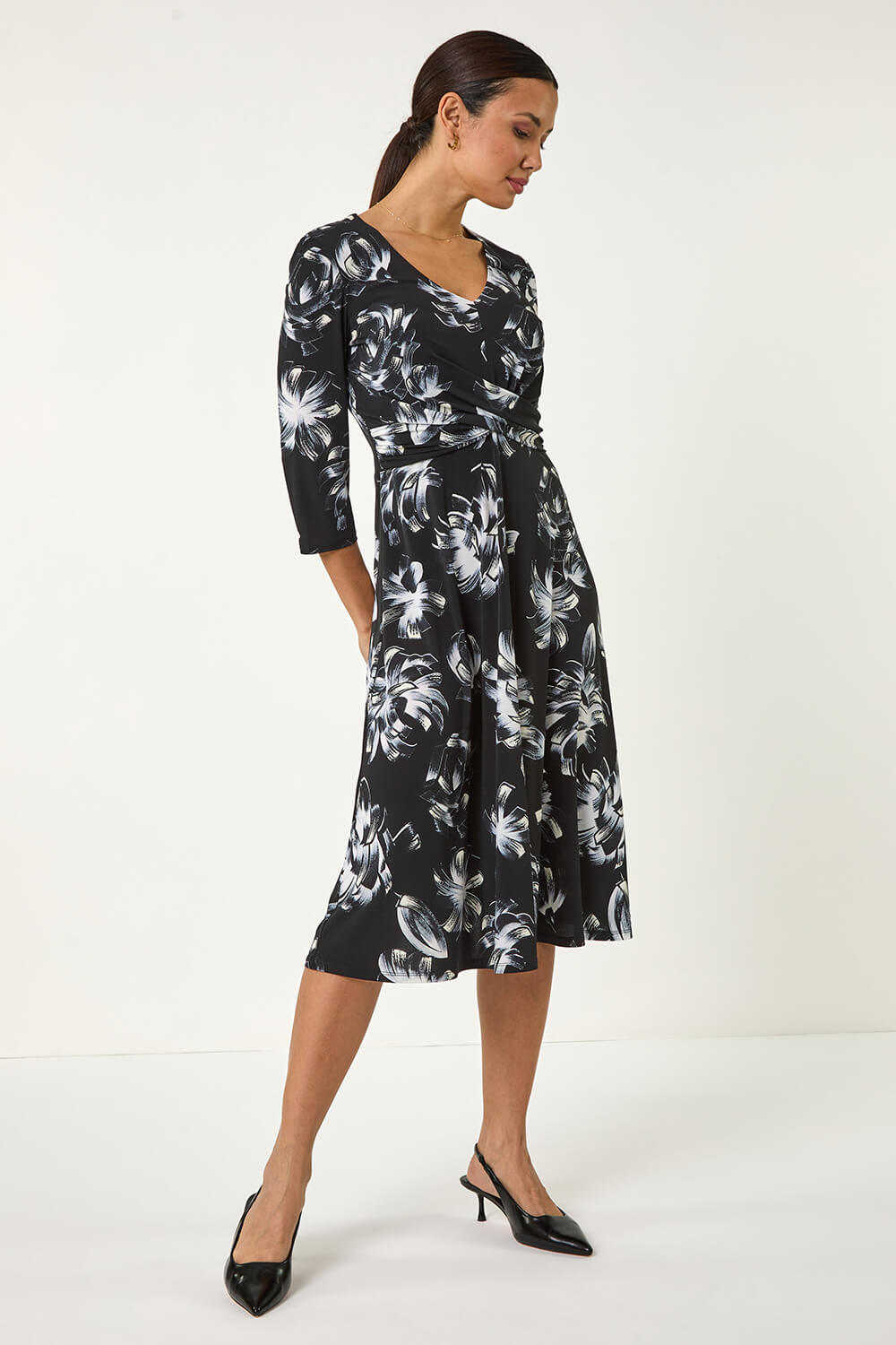 Black Floral Print Wrap Front Stretch Dress