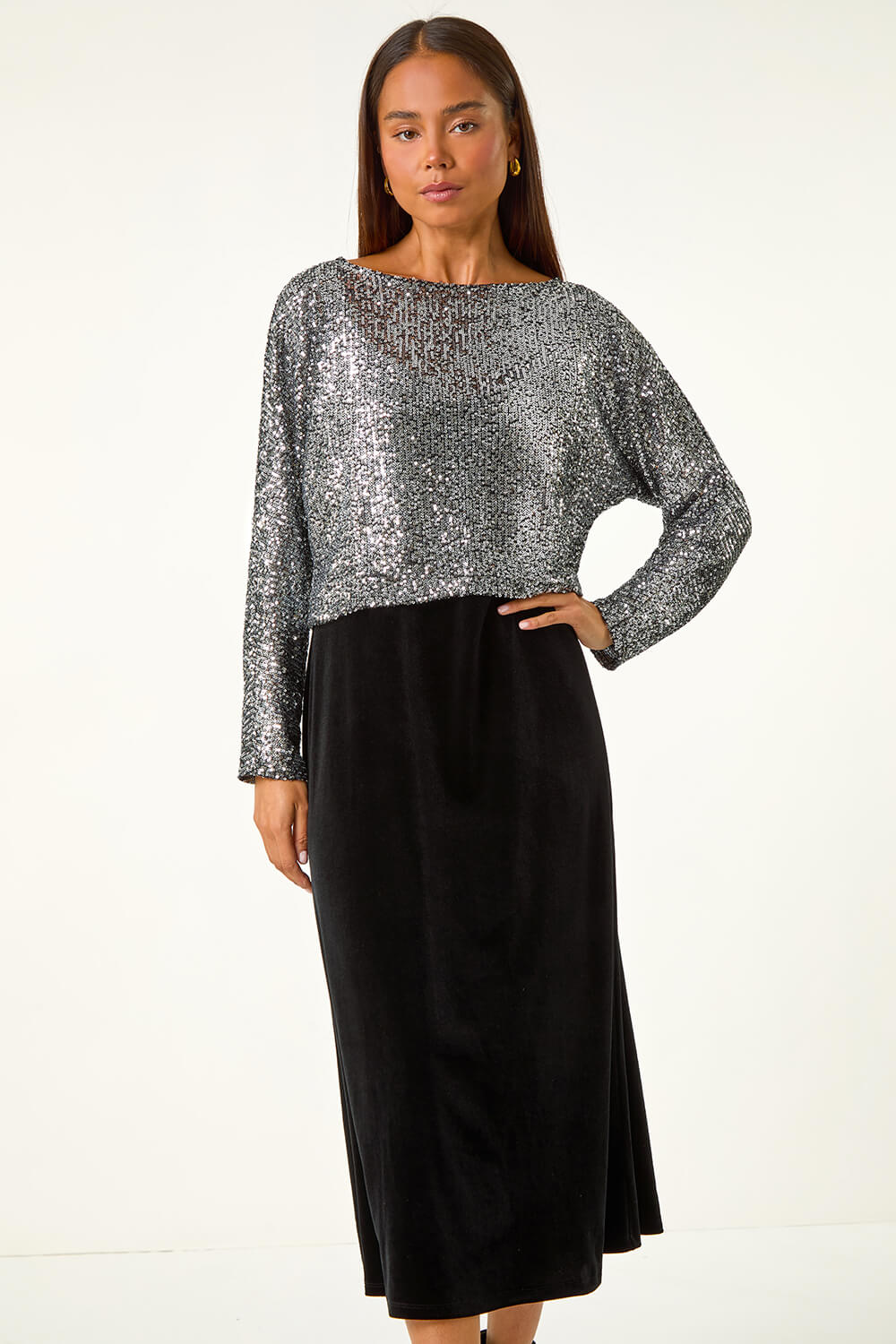 Black Petite Constrast Sequin Velvet Dress