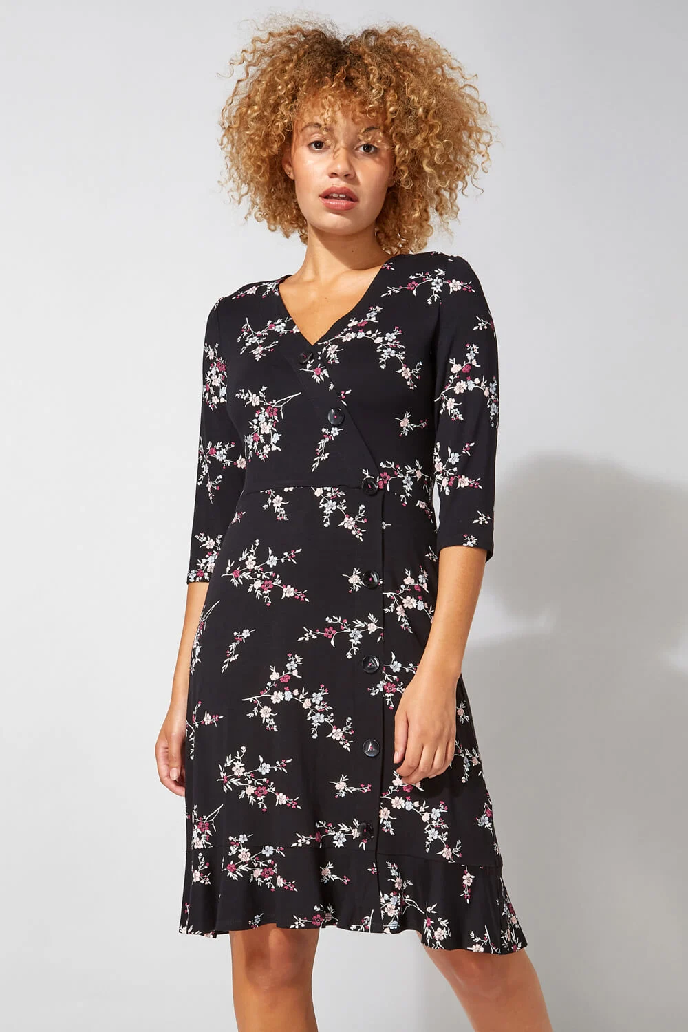 Black Floral Print Frill Hem Tea Dress