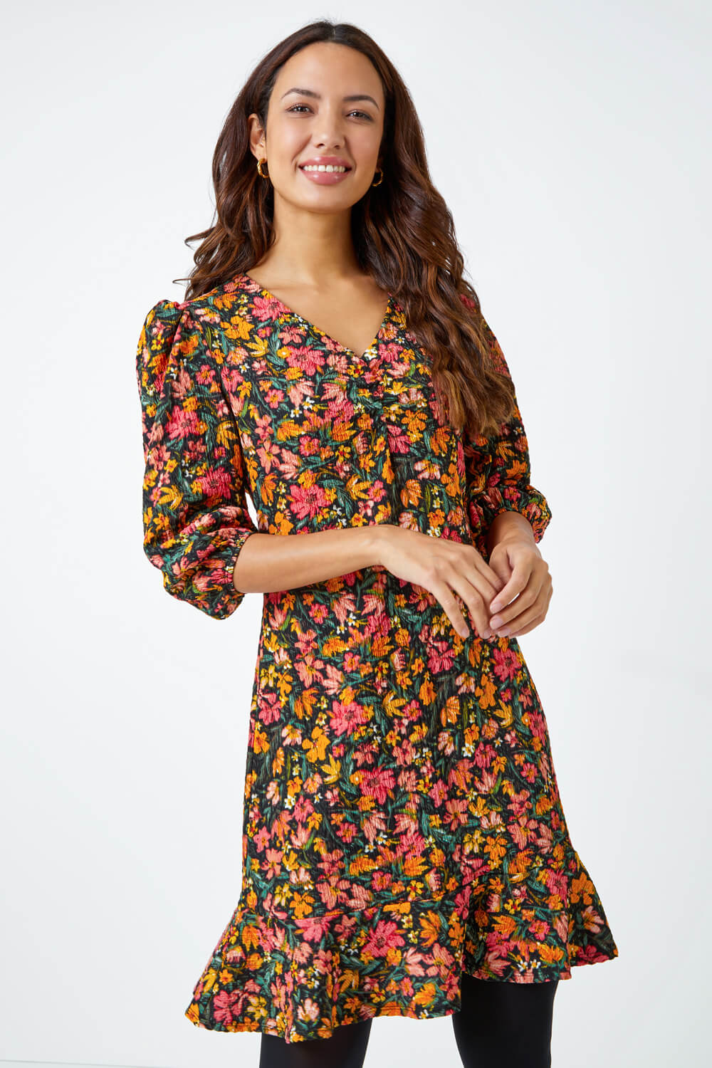 Amber Ruched Floral Frill Hem Dress
