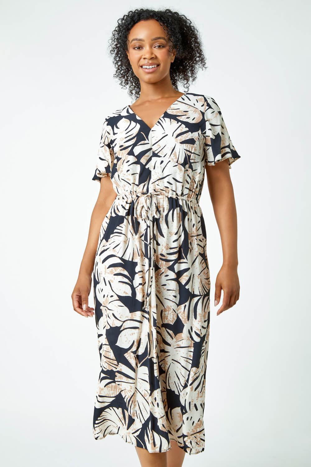 Black Petite Leaf Print Tie Waist Maxi Dress