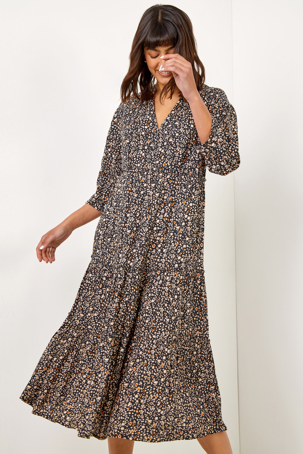 Black Ditsy Floral Tiered Midi Dress