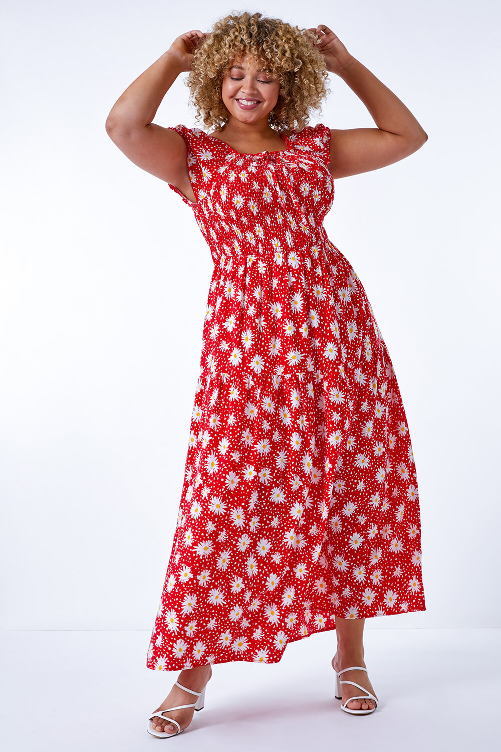 Red Curve Floral Shirred Bardot Dress