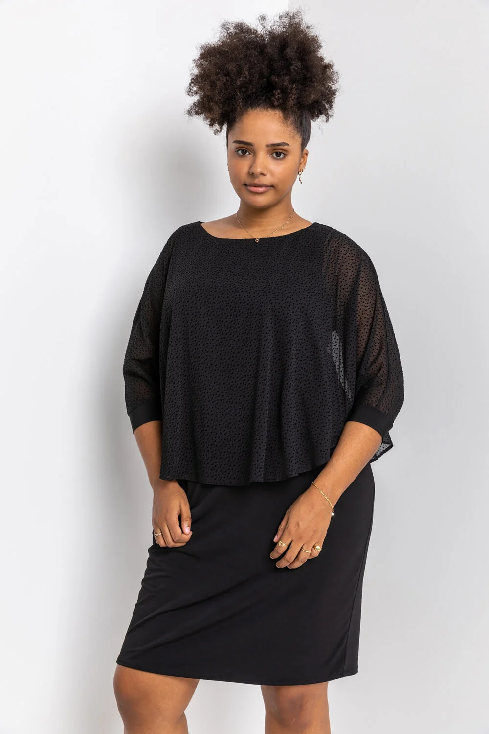 Black Curve Flock Spot Chiffon Overlay Dress