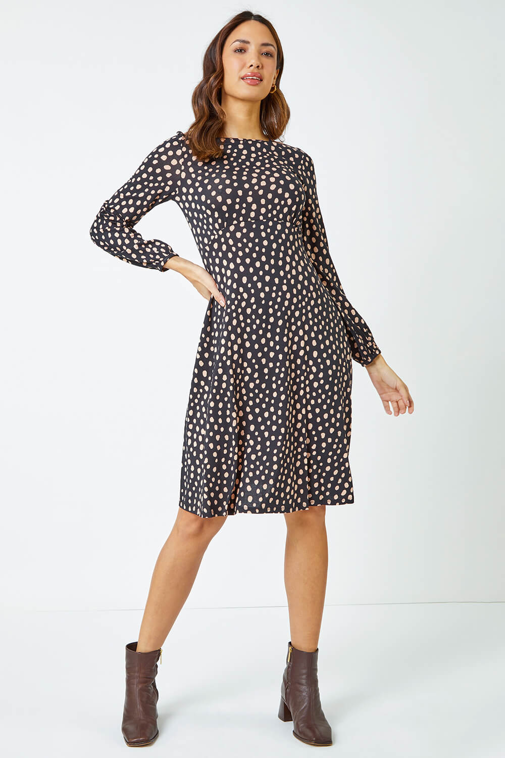 Black Pebble Spot Stretch Skater Dress