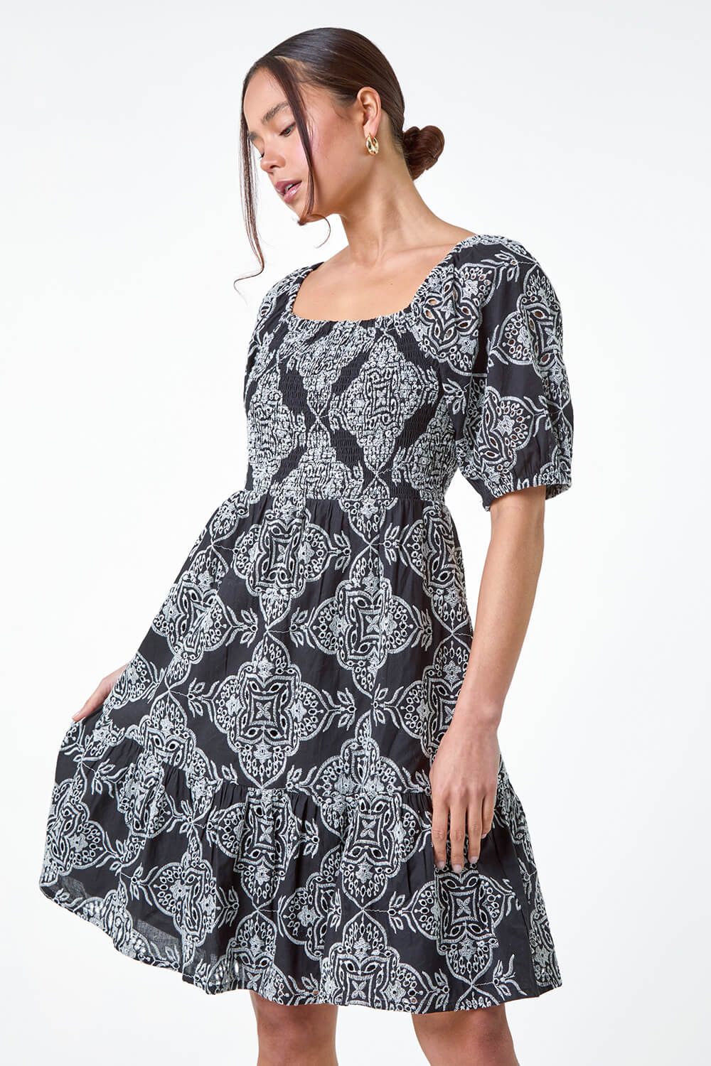 Black Petite Embroidered Cotton Tiered Dress