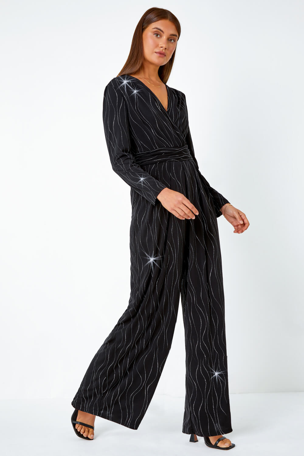 Black Embellished Wide Leg Stretch Jumpsuit