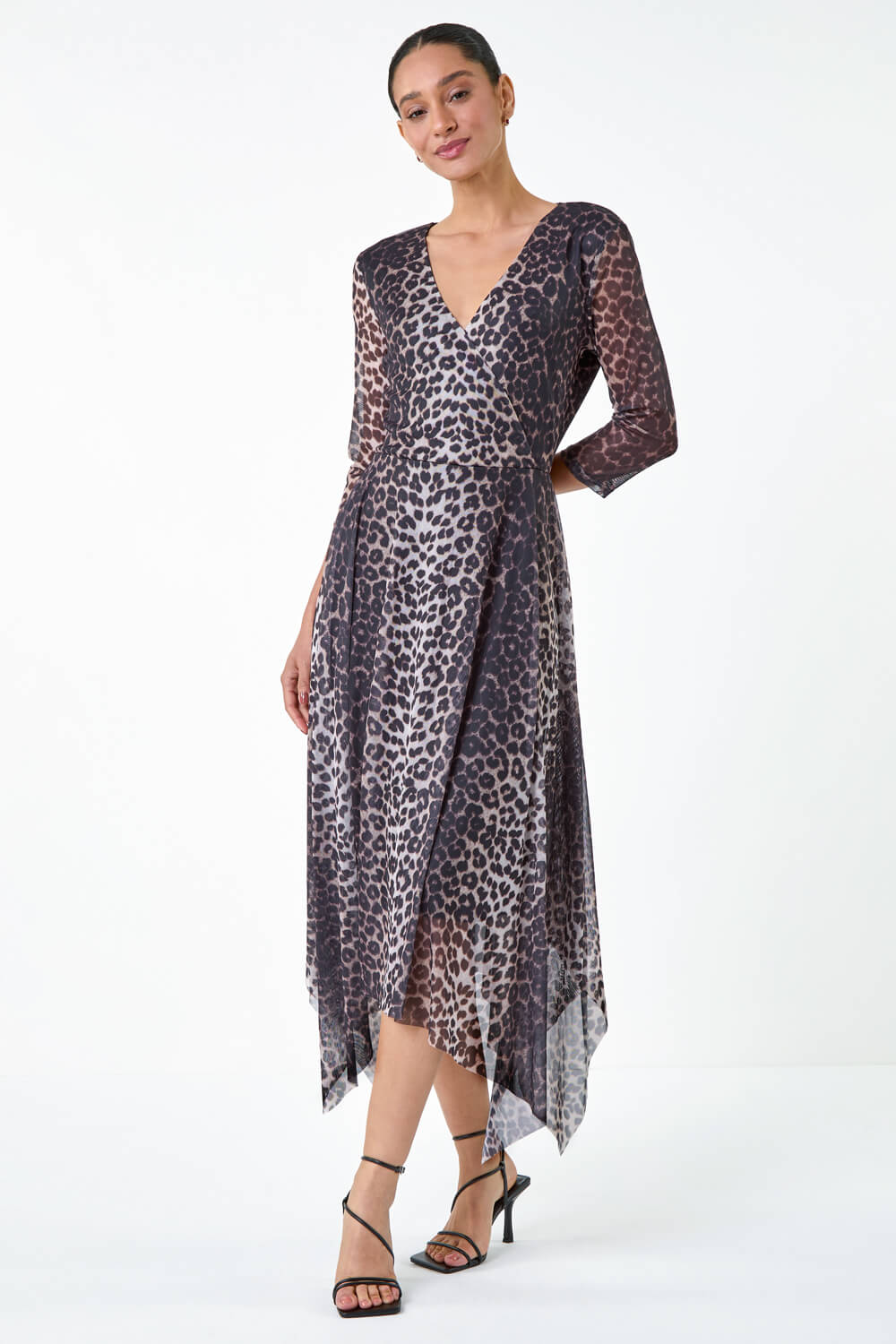 Black Animal Stretch Mesh Hanky Hem Wrap Dress