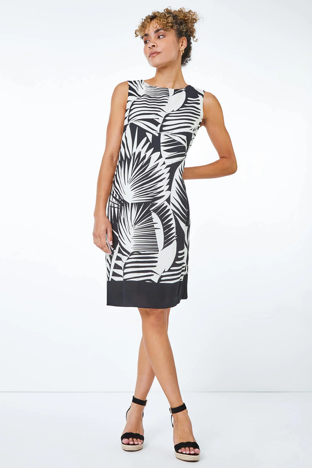 Black Petite Tropical Leaf Print Shift Dress
