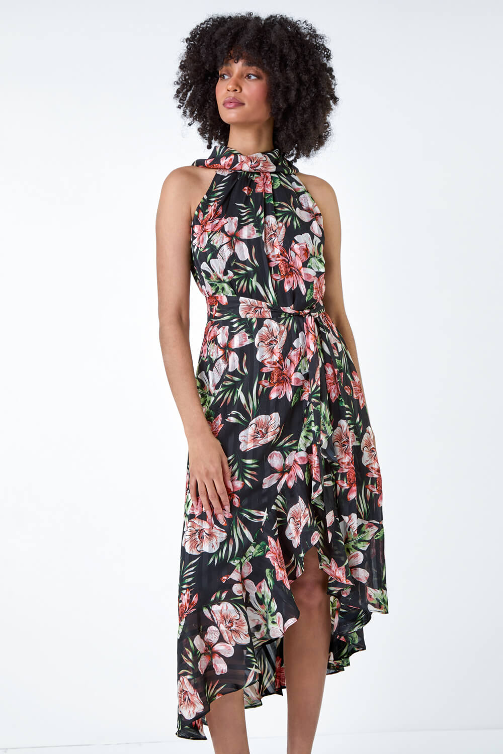 Black Metallic Foil Floral Halter Neck Midi Dress