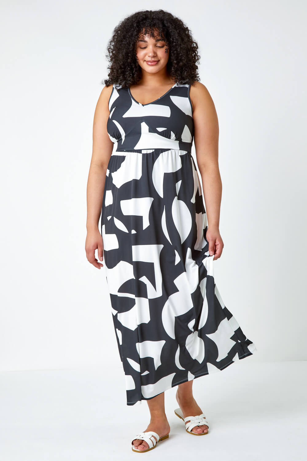 Black Curve Abstract Print Maxi Stretch Dress