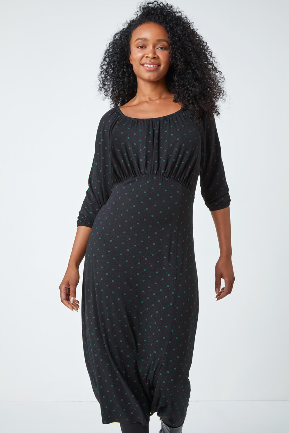 Black Petite Polka Dot Midi Stretch Dress