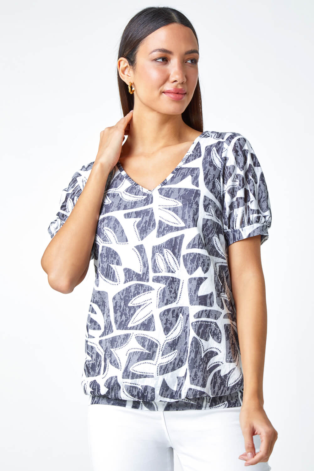 Black Abstract Burnout V-Neck Blouson Stretch Top
