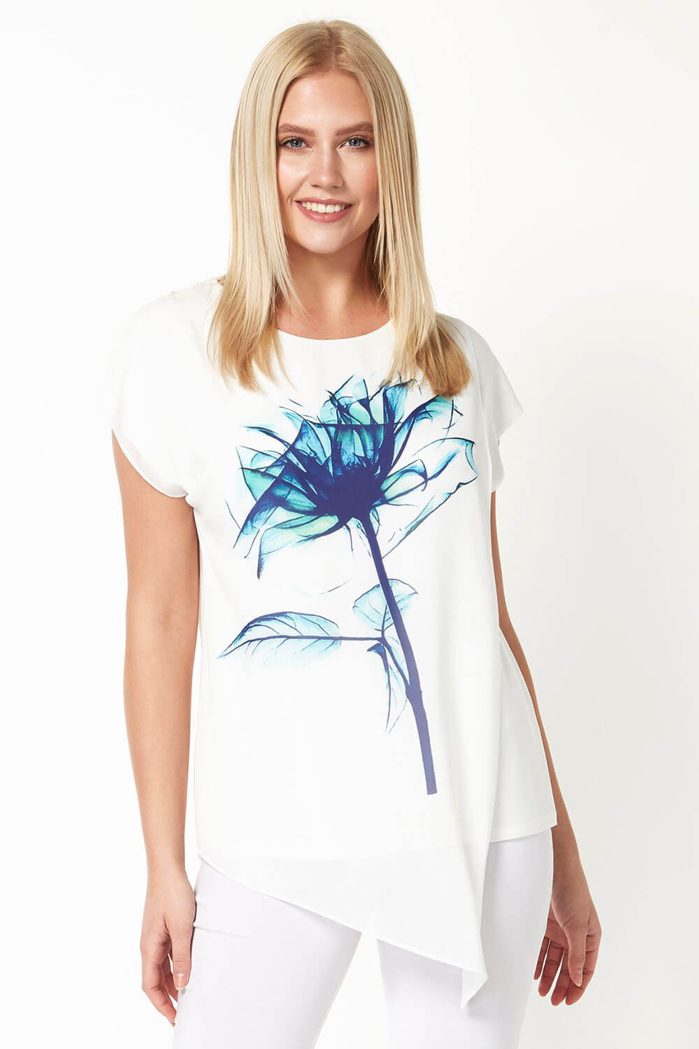 Aqua Blue Floral Placement Print Overlay Top