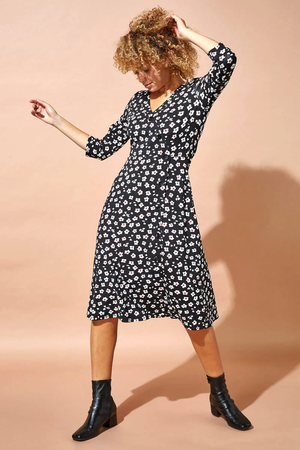 Black Floral Print Midi Length Tea Dress