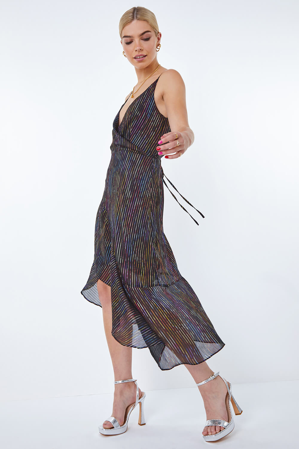 Black Metallic Stripe Frill Hem Midi Wrap Dress