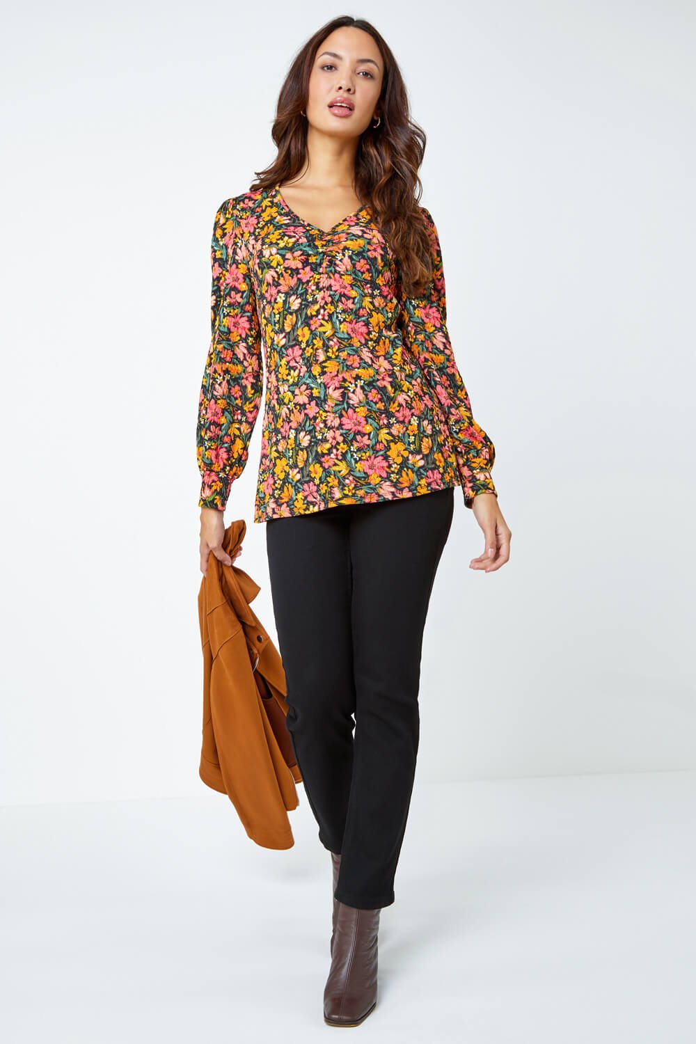 Amber Textured Floral Print Ruched Top