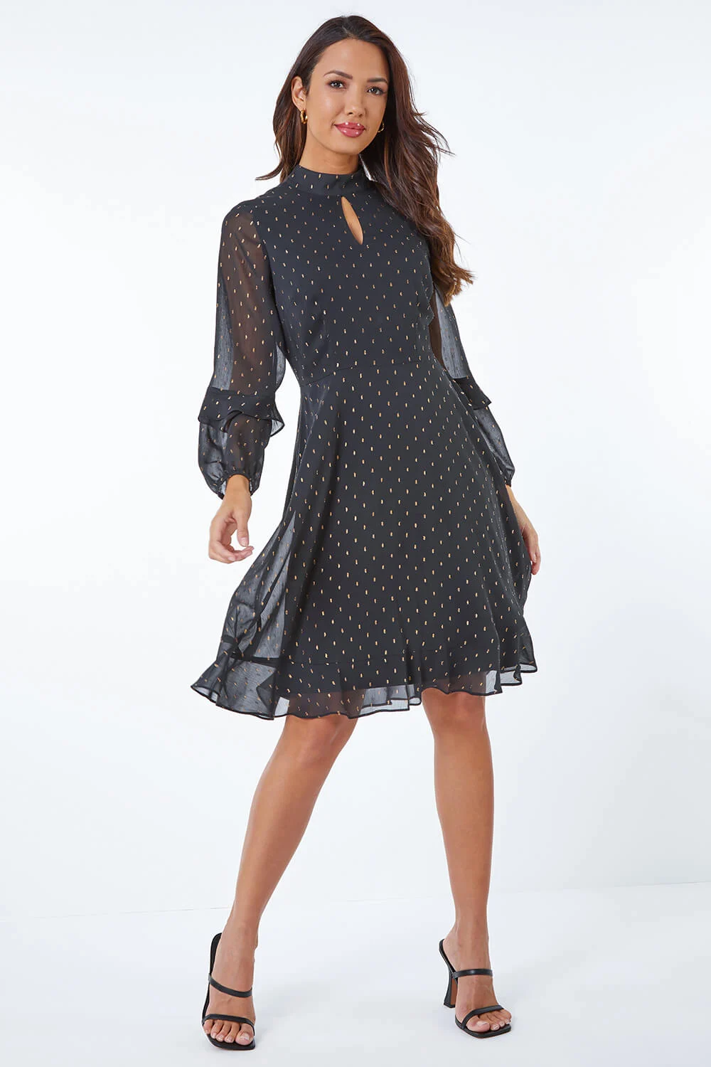 Black Metallic Spot Keyhole Detail Chiffon Dress