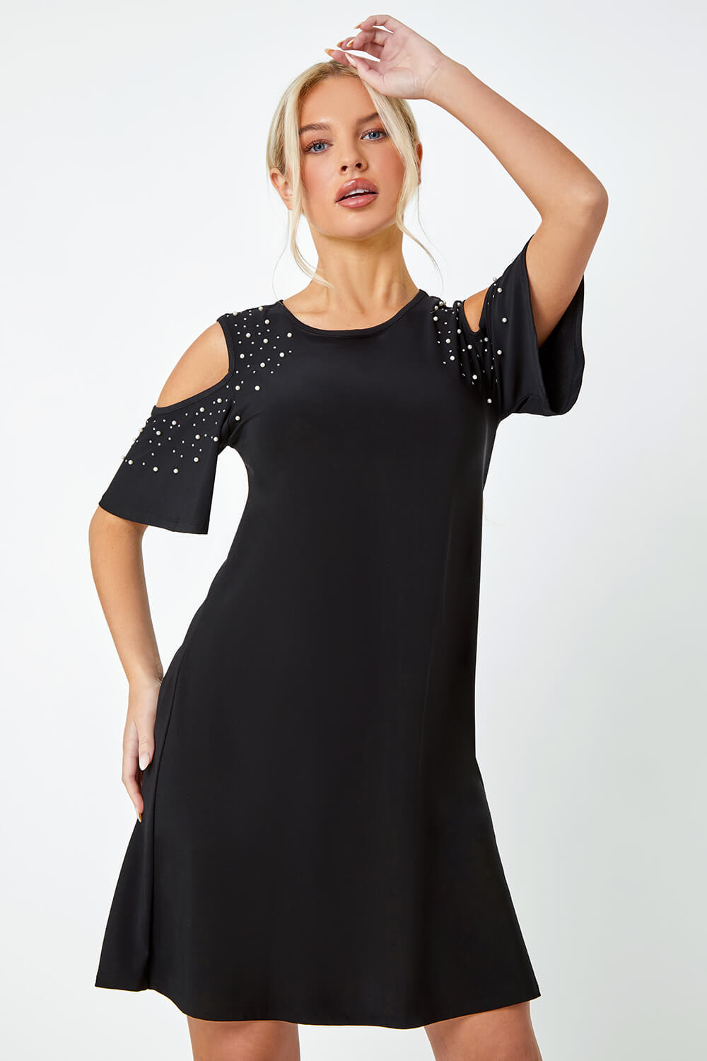 Black Petite Sparkle Cold Shoulder Dress
