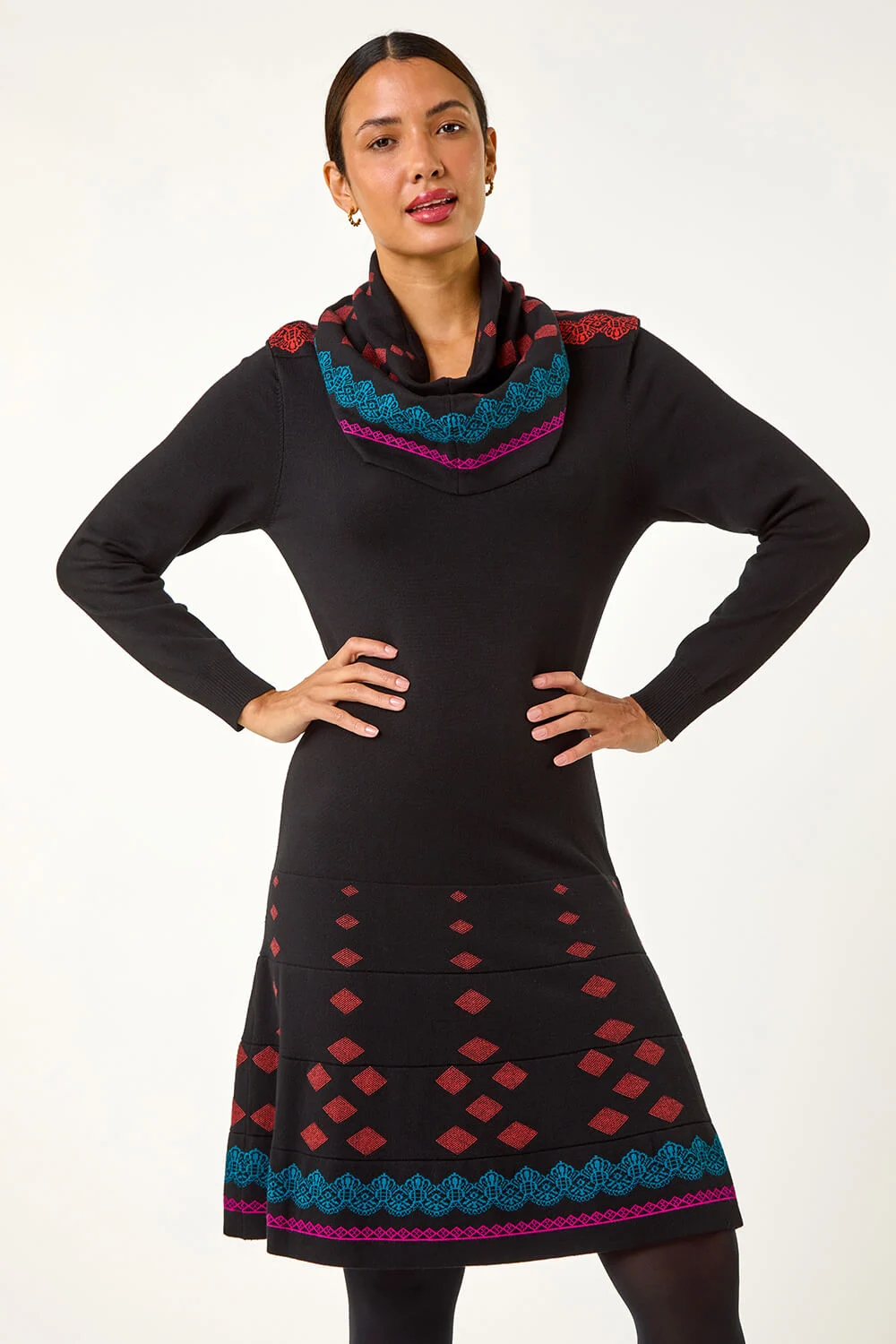 Black 2 in 1 Nordic Print Scarf Neck Knitted Dress