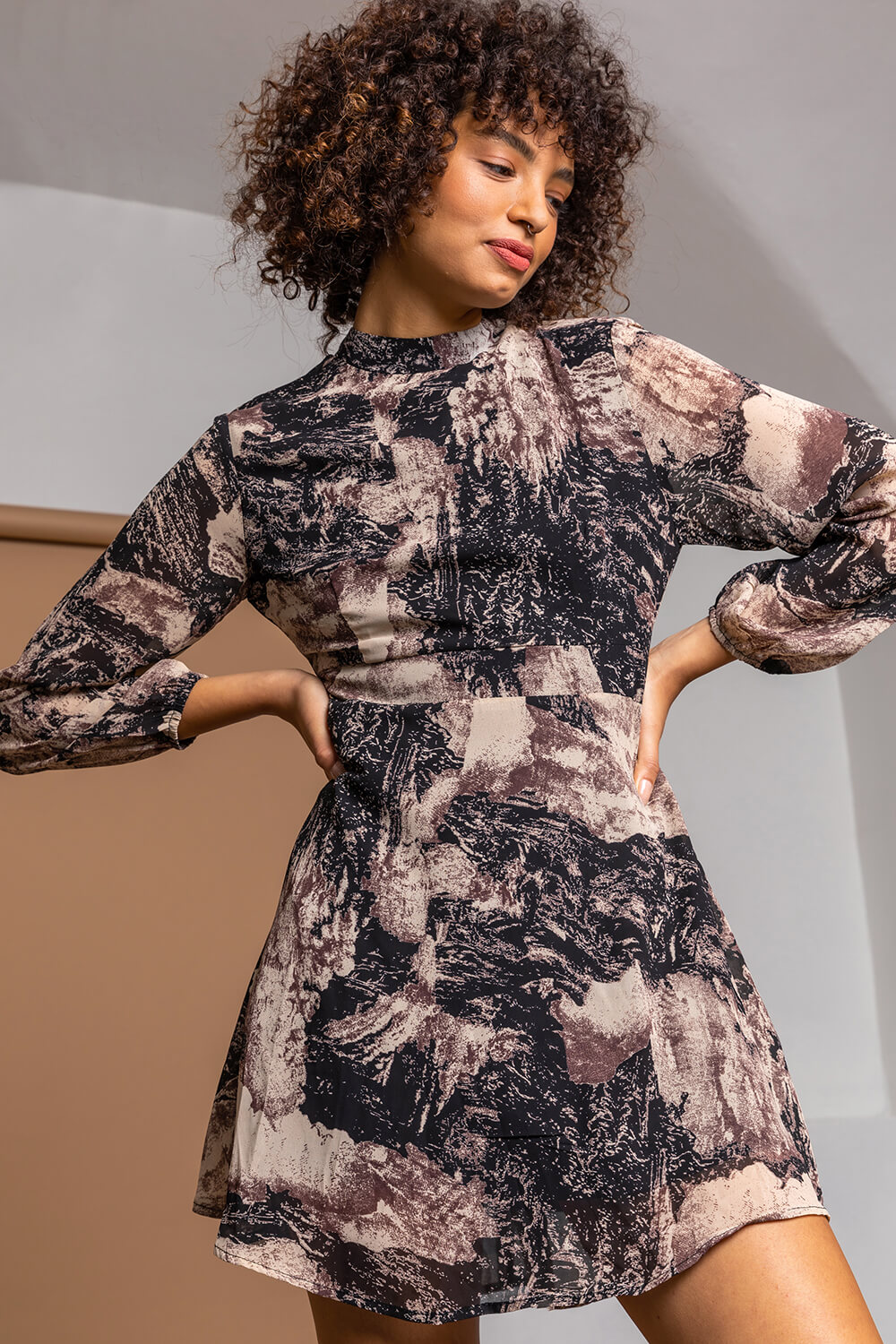 Black Abstract Print High Neck Chiffon Dress