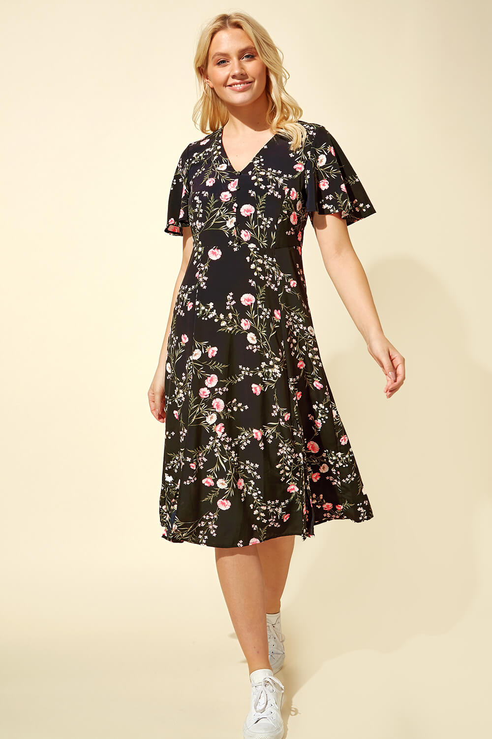 Black Floral Print Midi Tea Dress