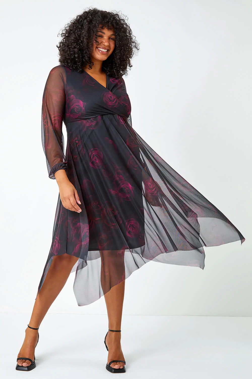 Black Curve Floral Mesh Overlay Wrap Dress
