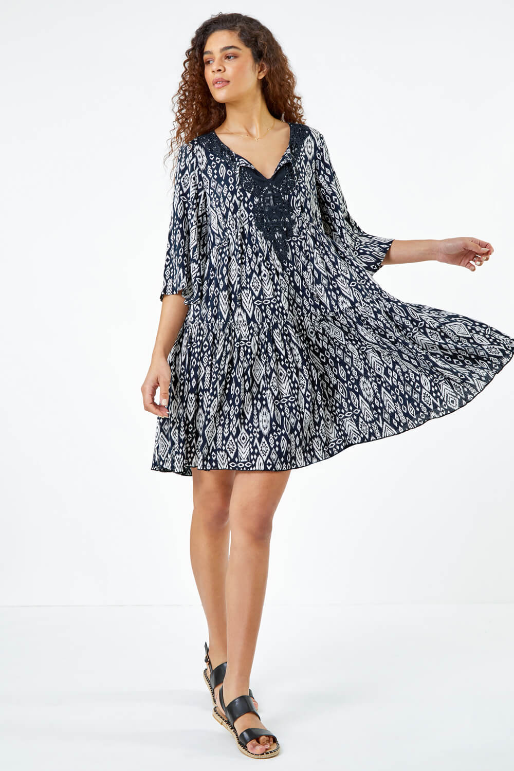 Black Aztec Print Lace Detail Smock Dress
