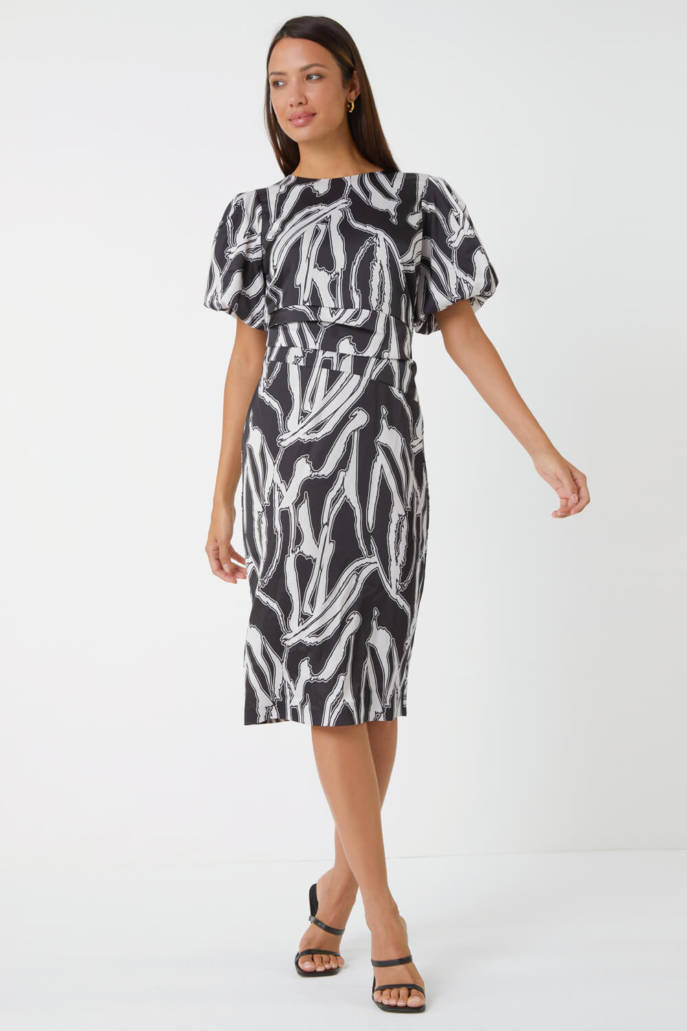 Black Abstract Print Ruched Stretch Dress