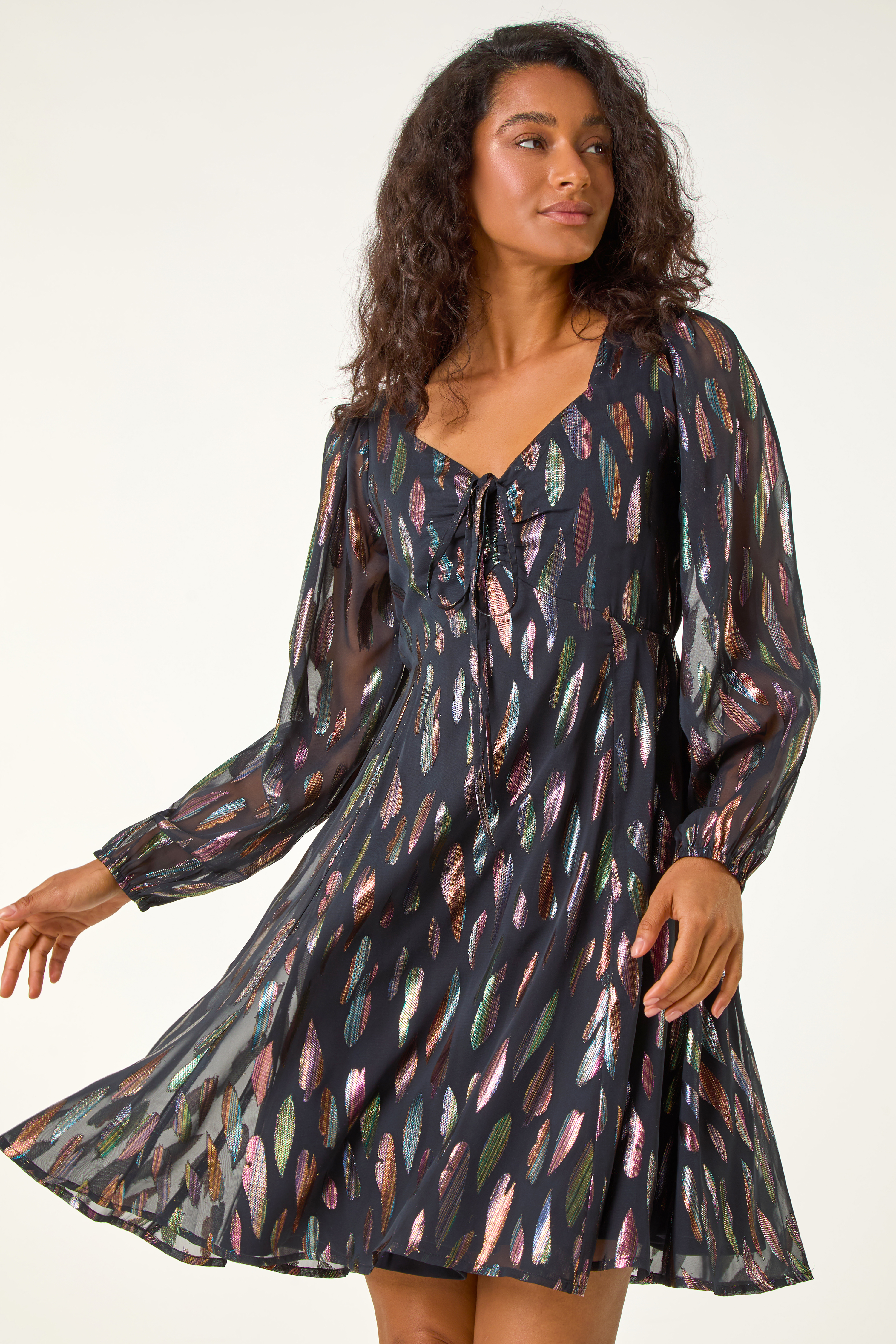Black Foil Print Tie Front Fit & Flare Dress