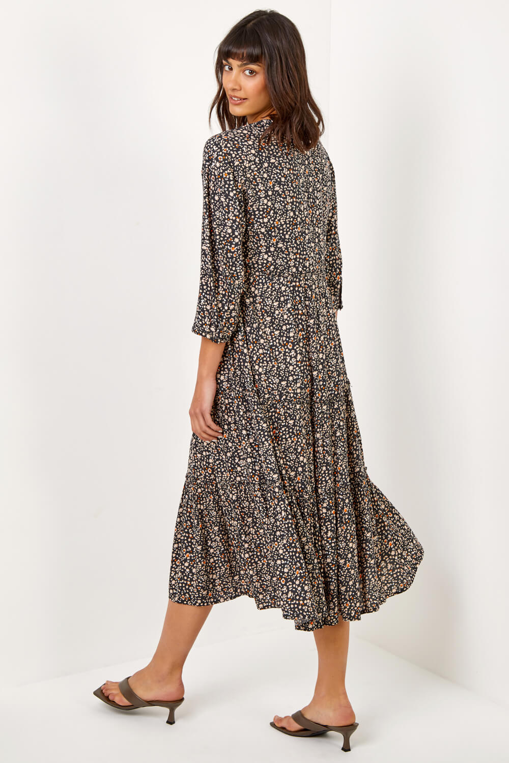 Black Ditsy Floral Tiered Midi Dress
